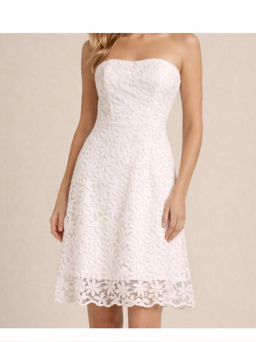 Badgley Mischka White Strapless Floral Lace Midi Dress